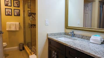 Hair dryer, towels, soap, shampoo