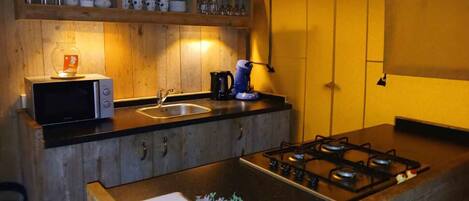 Fridge, microwave, coffee/tea maker, electric kettle