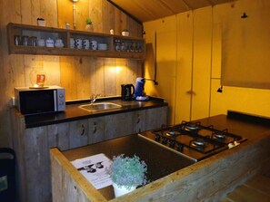 Réfrigérateur, micro-ondes, cafetière/bouilloire, bouilloire électrique