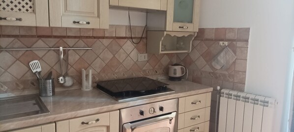 Oven, stovetop, electric kettle, cookware/dishes/utensils