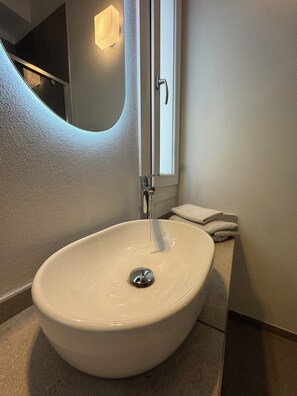 Shower, hair dryer, bidet, towels