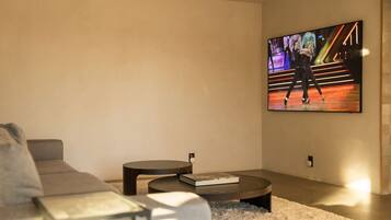 Smart TV, fireplace, books, stereo