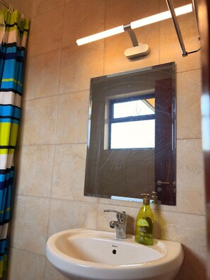 Shower, towels, soap, toilet paper