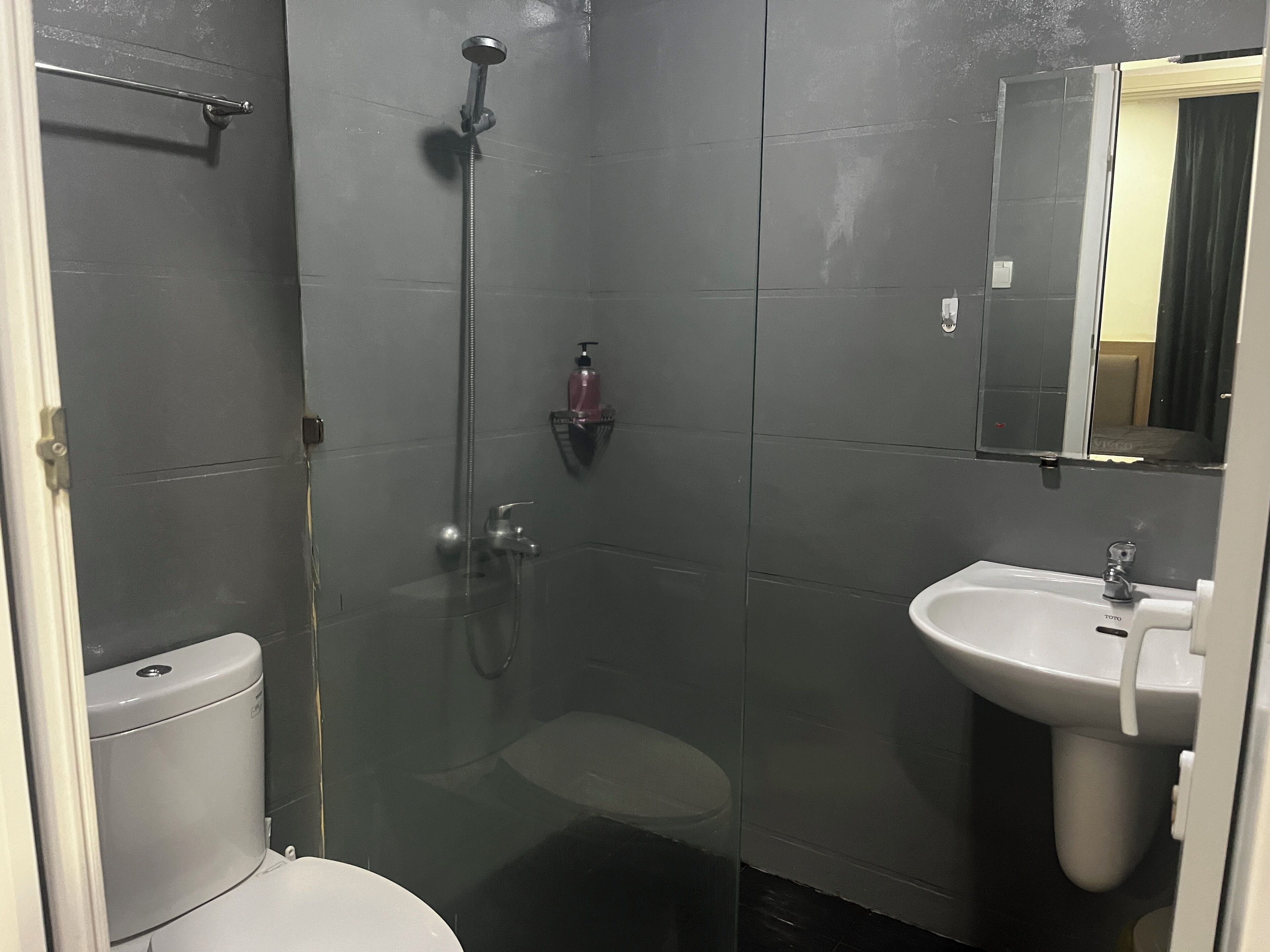 Ducha, cabezal de ducha con hidromasaje, secador de pelo, pantuflas