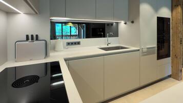 Fridge, microwave, oven, stovetop