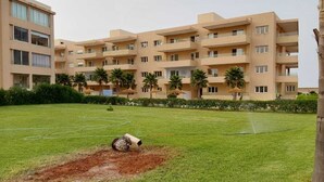 Un hotel de varios pisos con techo plano, balcones y un césped bien cuidado con palmeras.