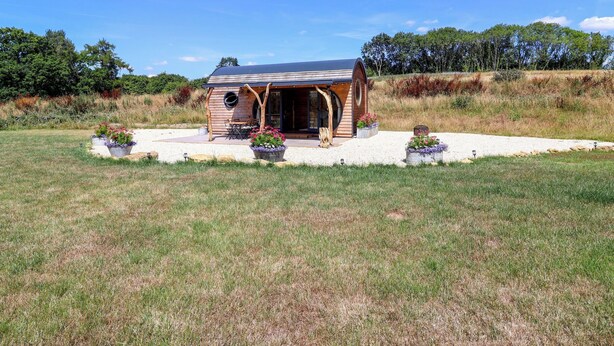 A wooden cabin with a sloped roof, surrounded by a gravel path, and potted plants in front. - Bugley Pools Hideaway (Gillingham)