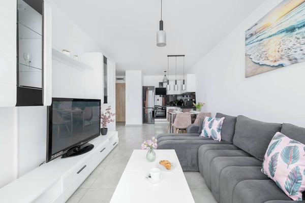 The living area features a sleek coffee table and a flat-screen television.