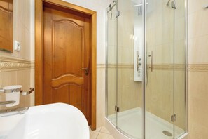 Shower, hair dryer, towels