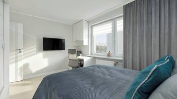 1 bedroom, desk, iron/ironing board, travel cot