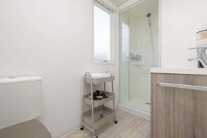 Shower, hair dryer, towels