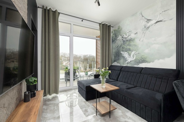 Comfortable, fold-out sofa in the living room.