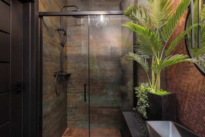 Shower, hair dryer, towels, shampoo
