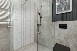 Dusche, Haartrockner, Handtücher, Shampoo