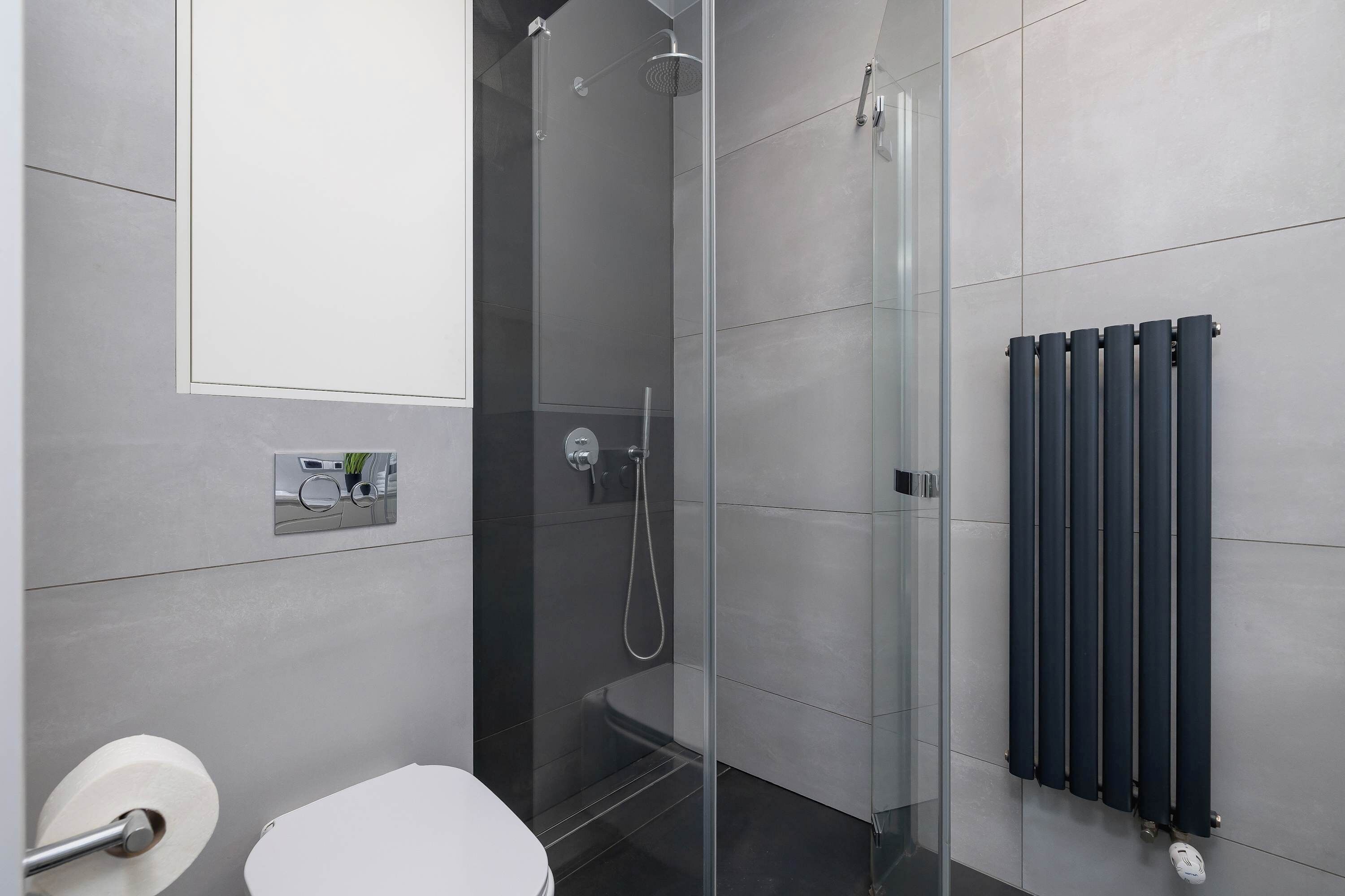 Une salle de bain moderne avec une douche à parois de verre, des toilettes et un radiateur.