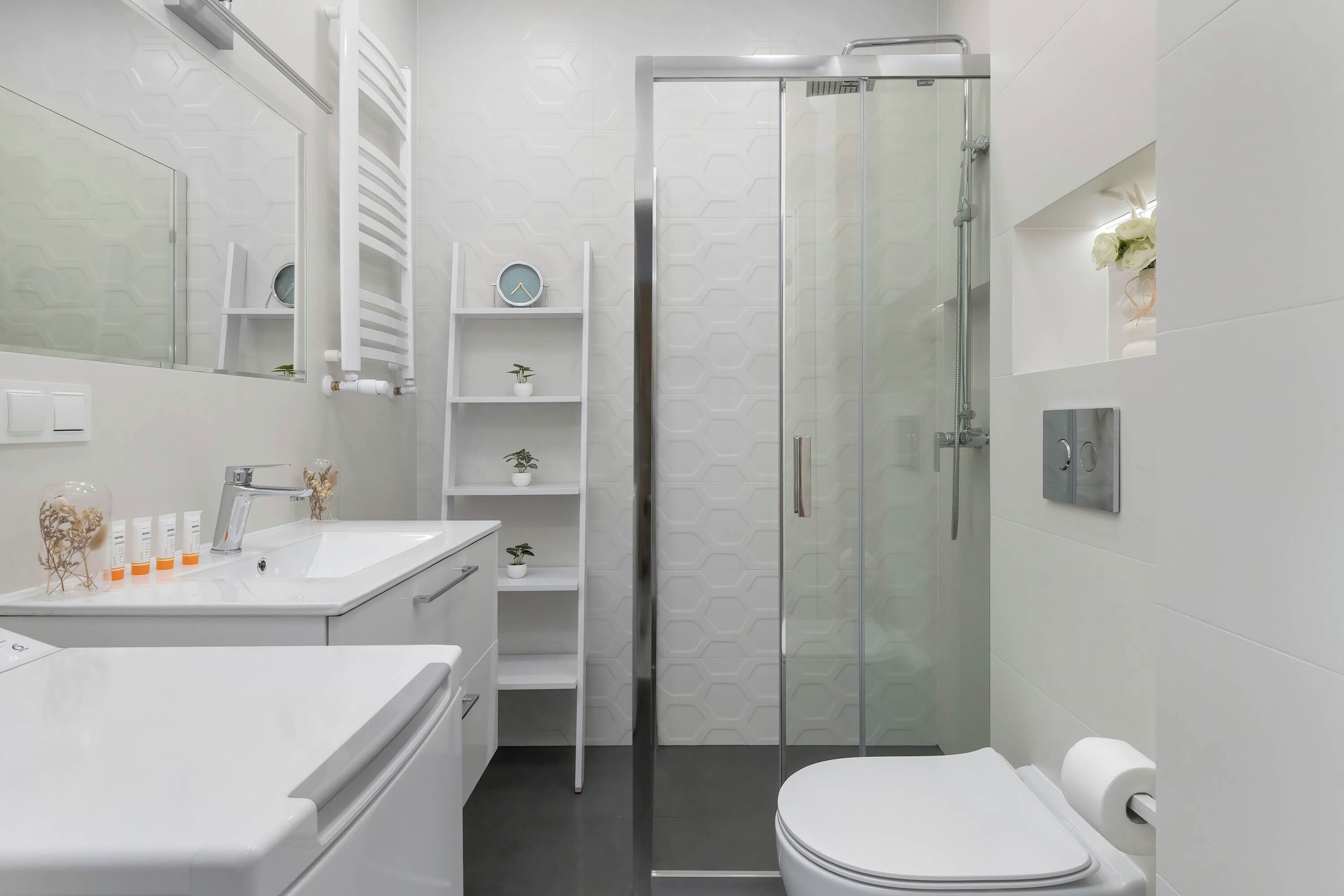 Une salle de bain moderne avec une douche en verre, un lavabo blanc agrémenté d’articles de toilette et des toilettes dotées d’un porte-serviettes en papier.