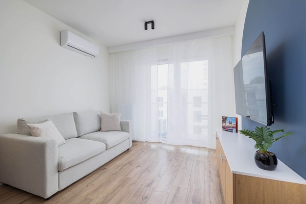 Bright and relaxing living room with a comfortable sofa and modern decor.