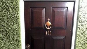 A dark wooden door with a brass knocker and a house number 119.