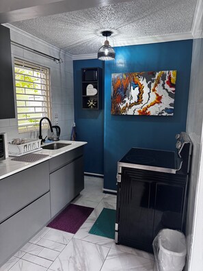 Fridge, microwave, oven, stovetop