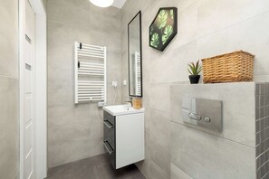 Chuveiro, secador de cabelo, toalhas de banho 