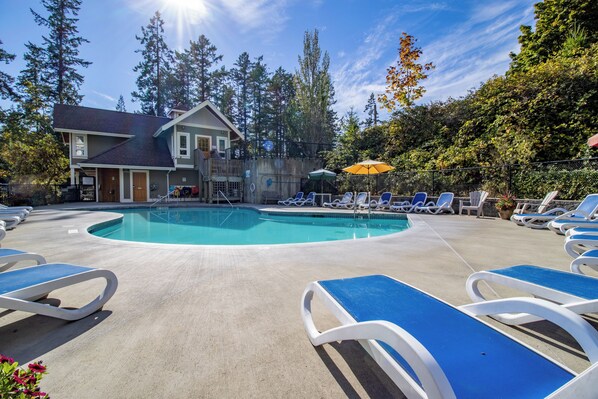 A swimming pool with lounge chairs and an umbrella, surrounded by trees and a building.