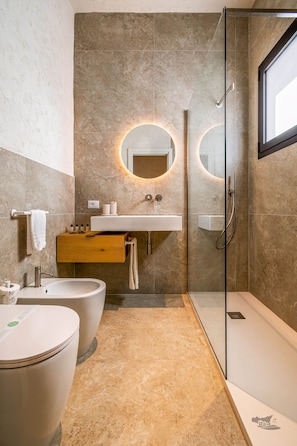 Shower, free toiletries, hair dryer, bidet