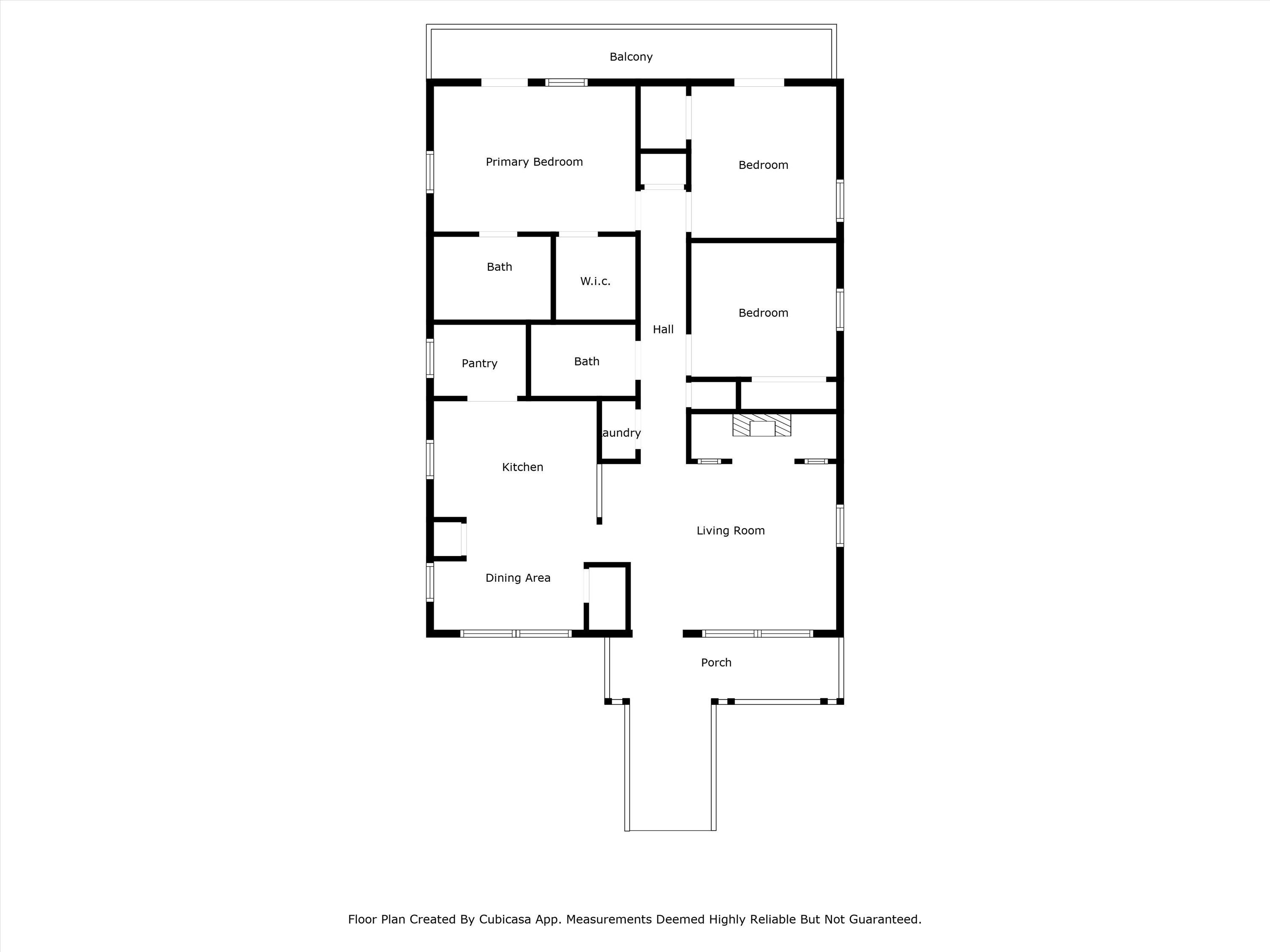 A floor plan with a balcony, primary bedroom, secondary bedroom, bathroom, kitchen, dining area, living room, and a hall.