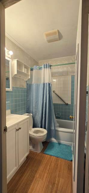 Hair dryer, towels, soap, toilet paper