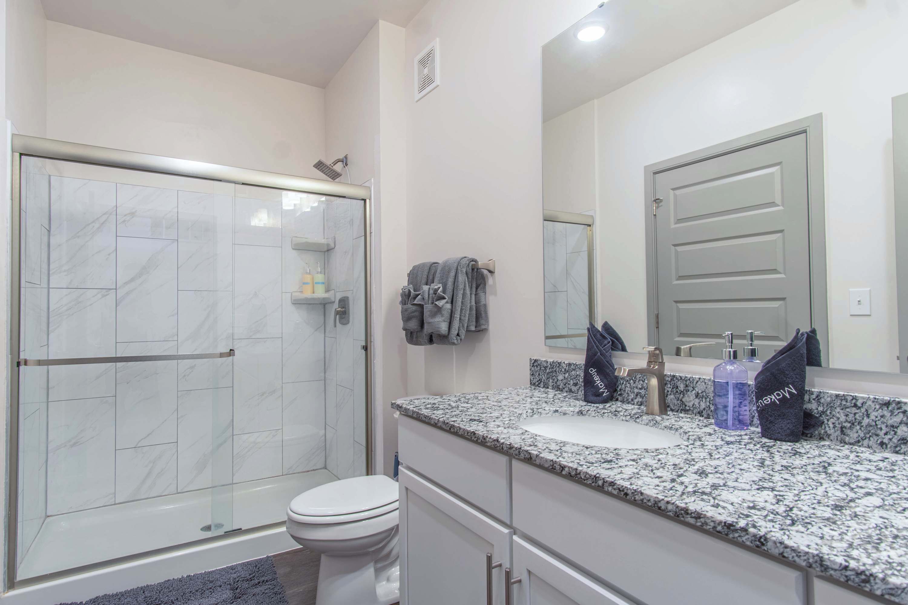 Shower, hair dryer, shampoo