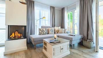 TV, fireplace, books, offices