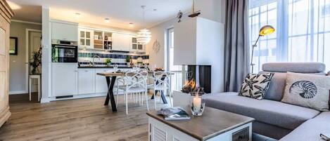 Télévision, cheminée, livres, espaces bureaux