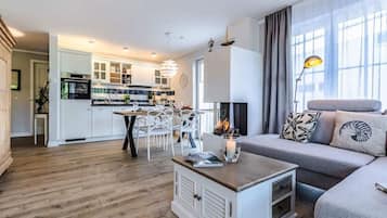 Fernseher, Kamin, Bücher, Arbeitsbereiche