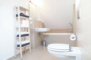 Chuveiro, secador de cabelo, toalhas de banho, papel higiênico