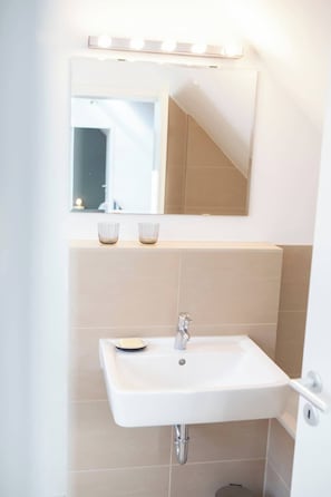 Shower, hair dryer, towels, toilet paper