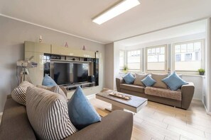 TV, fireplace, books