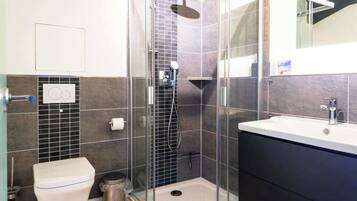 Shower, hair dryer, toilet paper