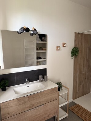 Shower, hair dryer, towels