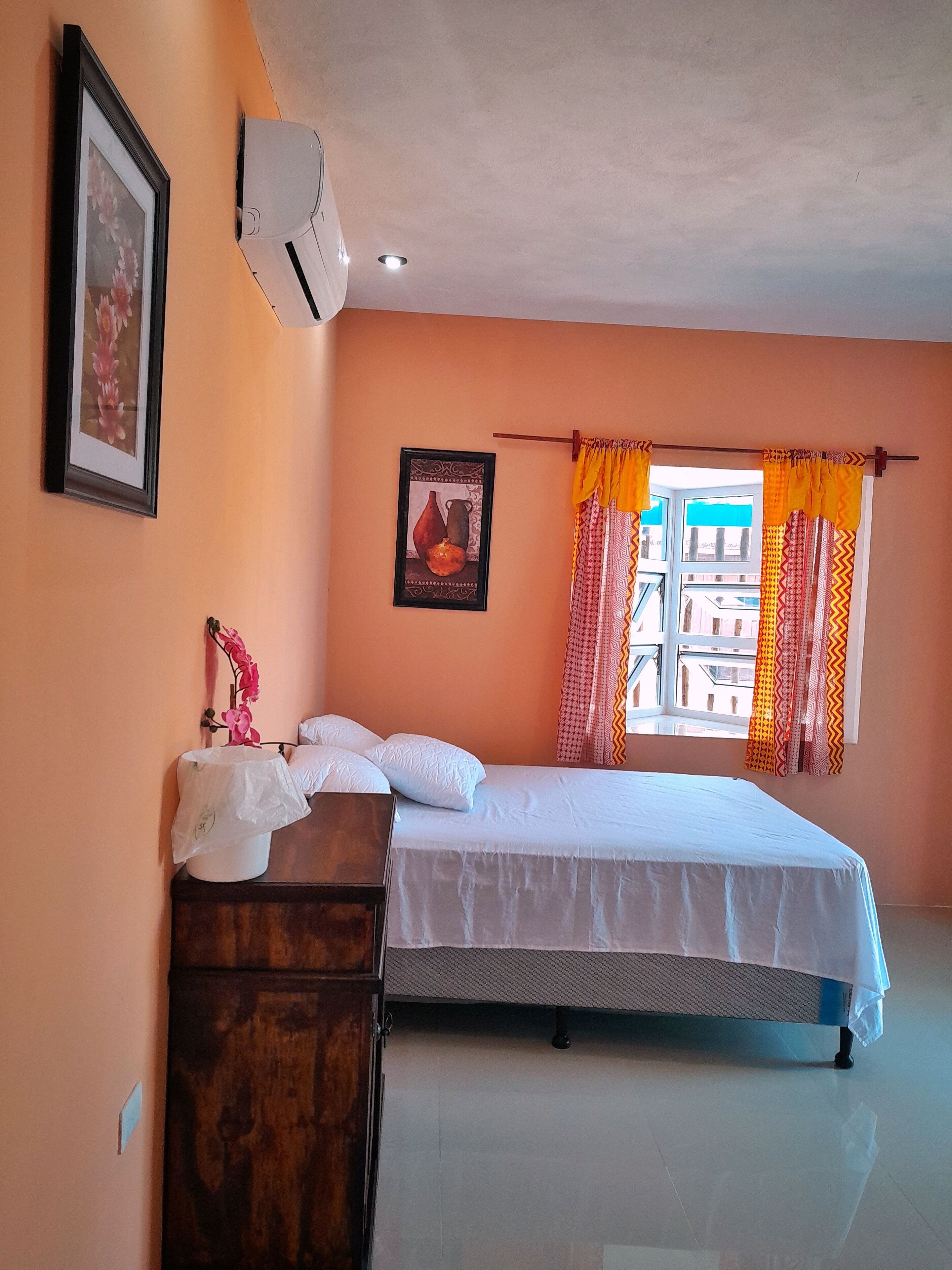 A bedroom with a bed, a nightstand, a potted plant, a wall-mounted air conditioner, and a window with curtains.