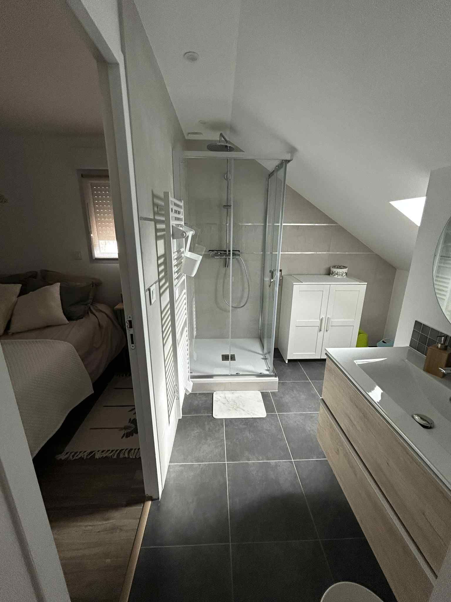 Shower, eco-friendly toiletries, hair dryer, towels