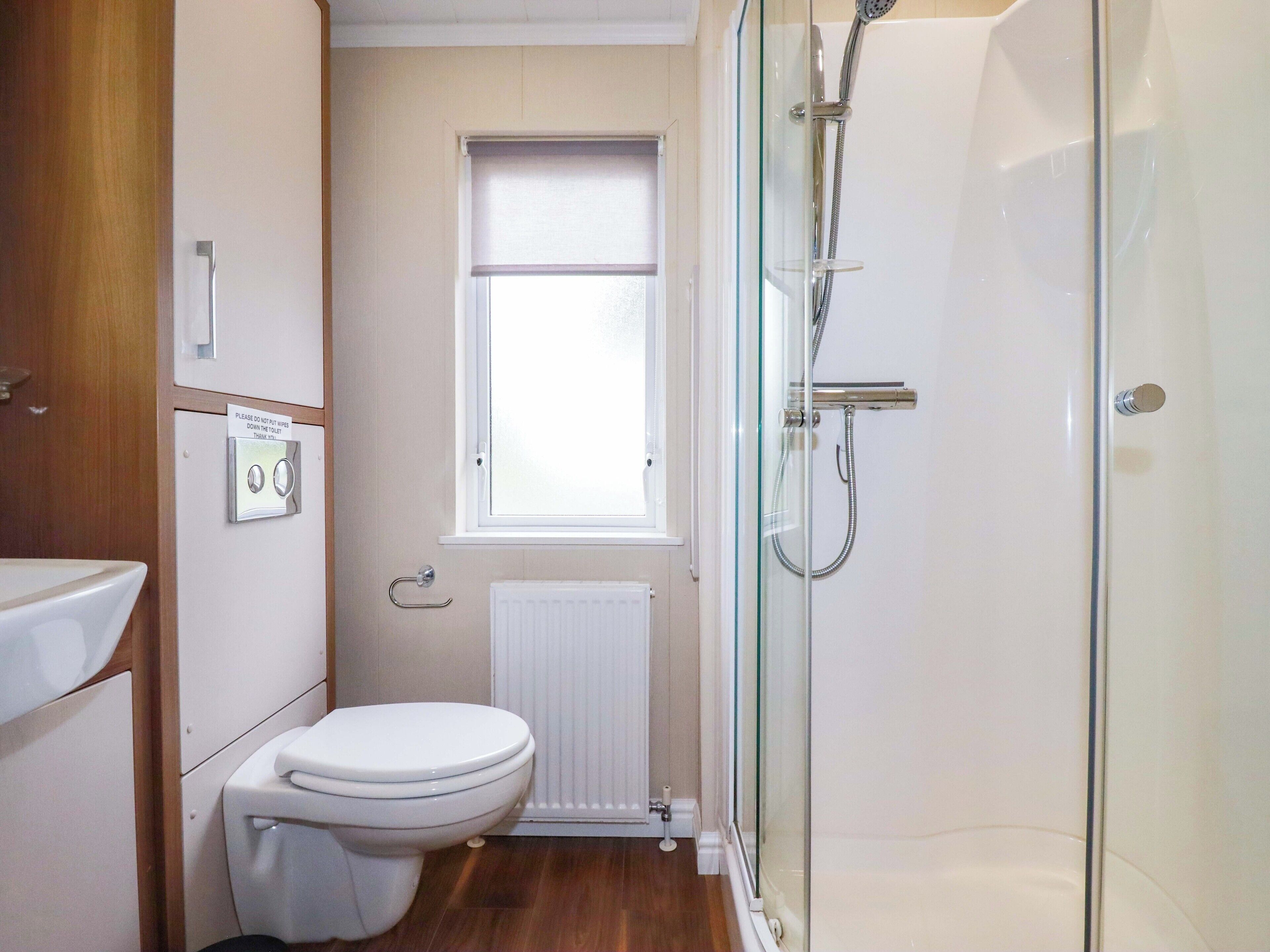 A bathroom with a toilet, a glass-enclosed shower, a window, and a radiator.