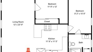 A floor plan with three bedrooms, a living room, a kitchen, and two bathrooms. - Colva Tides by Ryson Vacation Rentals (Galveston)