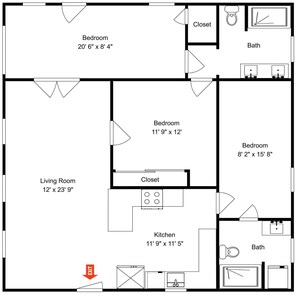 A floor plan with three bedrooms, a living room, a kitchen, and two bathrooms. - Colva Tides by Ryson Vacation Rentals (Galveston)