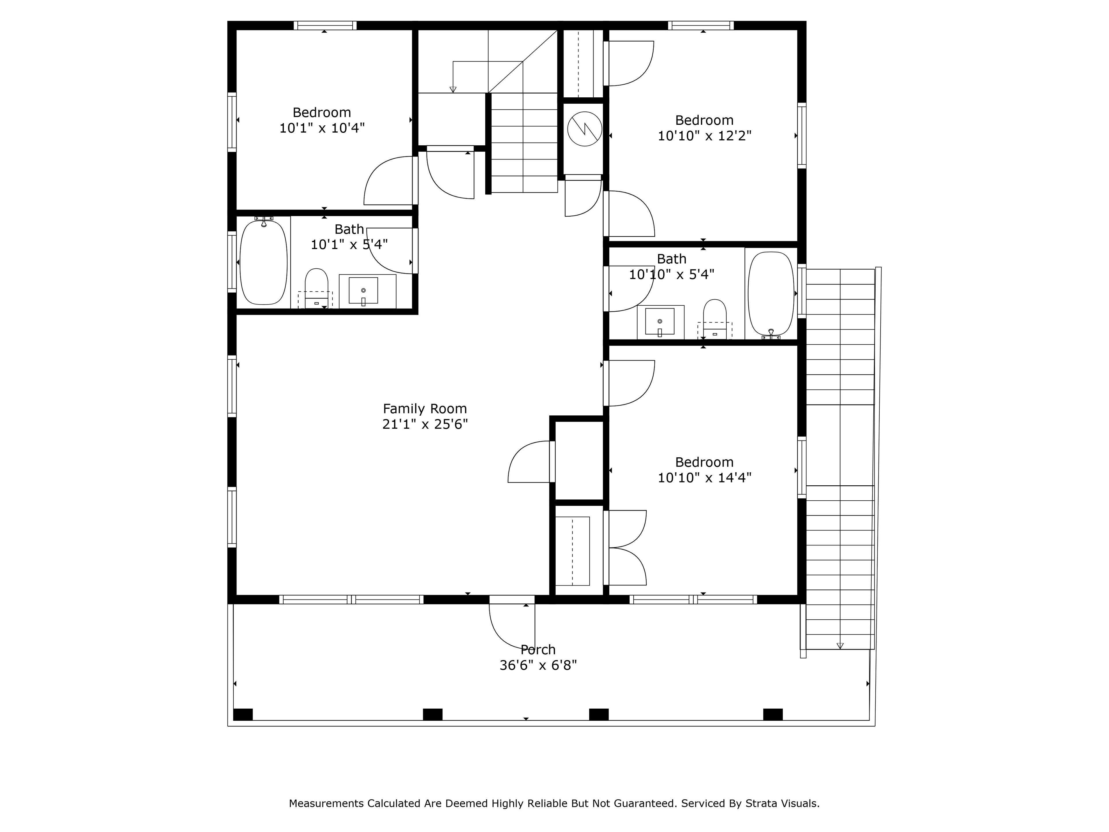 Plano de planta que muestra una sala familiar, tres recámaras, dos baños y un porche.