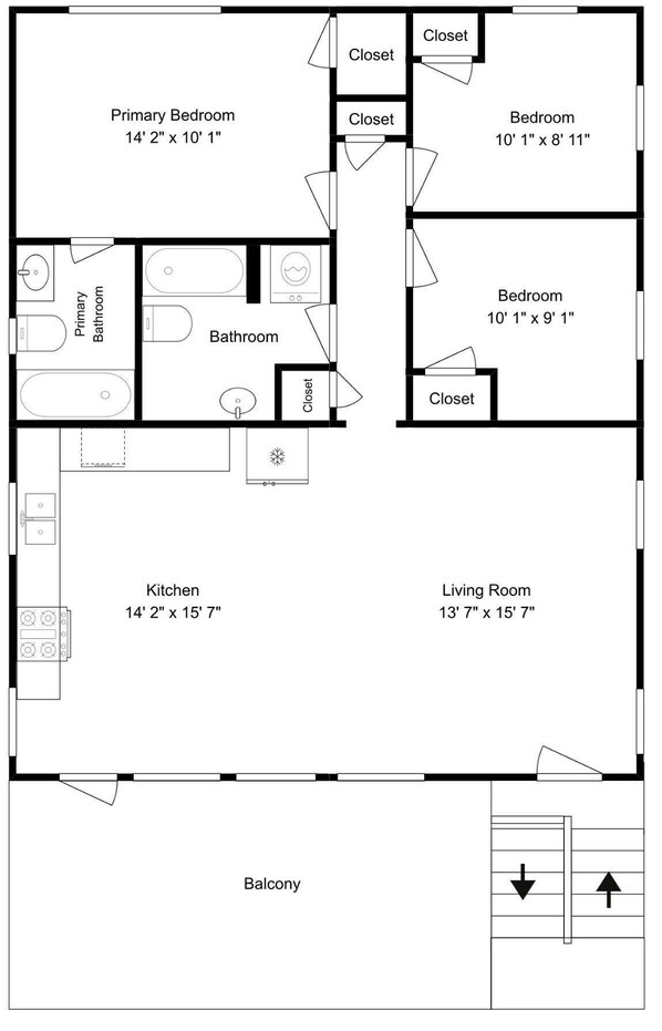 Plano de planta que muestra un dormitorio principal, dos baños, una cocina, una sala de estar, dos habitaciones y un balcón.