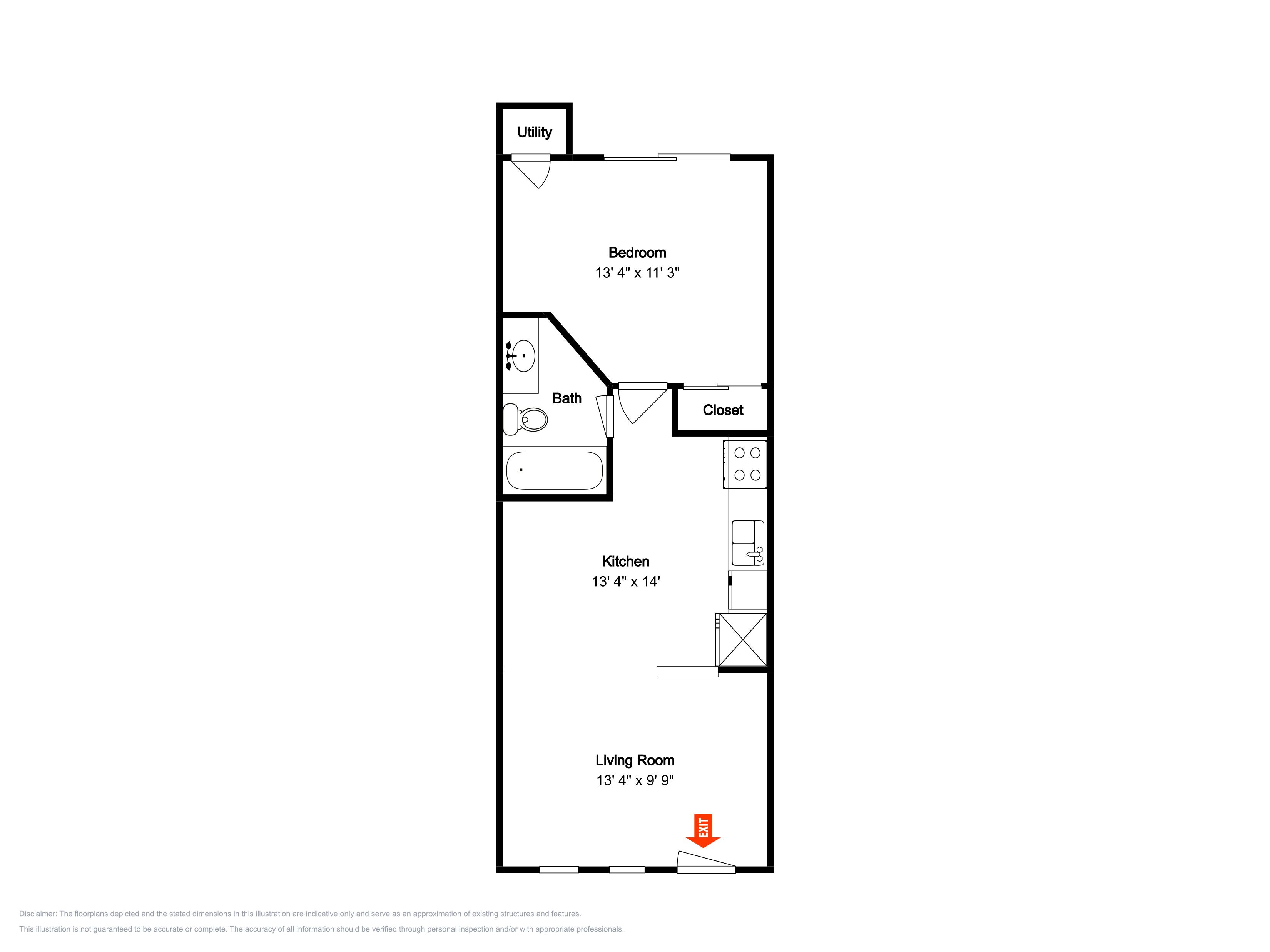 A floor plan of a house with a bedroom (13' 4" x 11' 3"), a bathroom, a kitchen (13' 4" x 14"), a closet, and a living room (13' 4" x 9' 9").