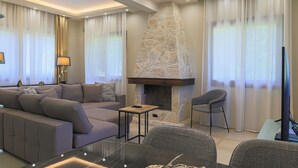 Un salon moderne avec une cheminée en pierre, un canapé, une table basse et un téléviseur.