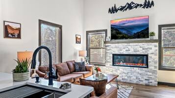 Smart TV, fireplace, video library