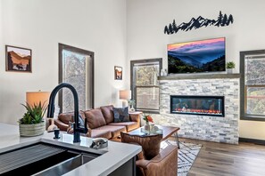 Smart TV, fireplace, video library