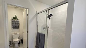 A modern bathroom with a glass-enclosed shower, a toilet, and a small plant on the wall.