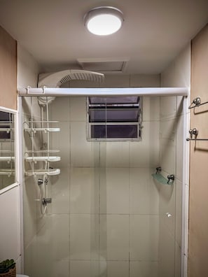 Hair dryer, towels, soap, toilet paper